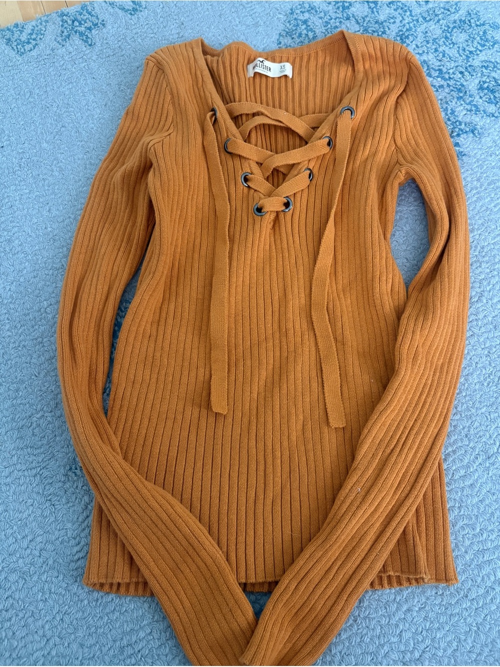 Vintage Hollister Lace-Up Ribbed Sweater Top - Rust Orange XS